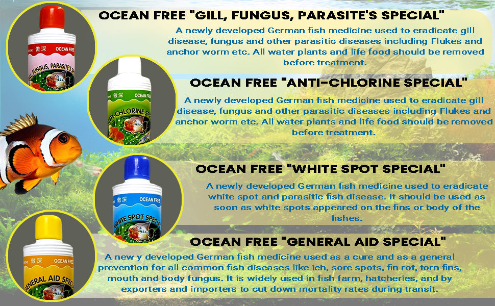 Ocean Free GILL, Fungus, PARASITE'S Special & Anti-Chlorine Special & White SPOT Special & General AidSpecial Each 240ml All in one Pack