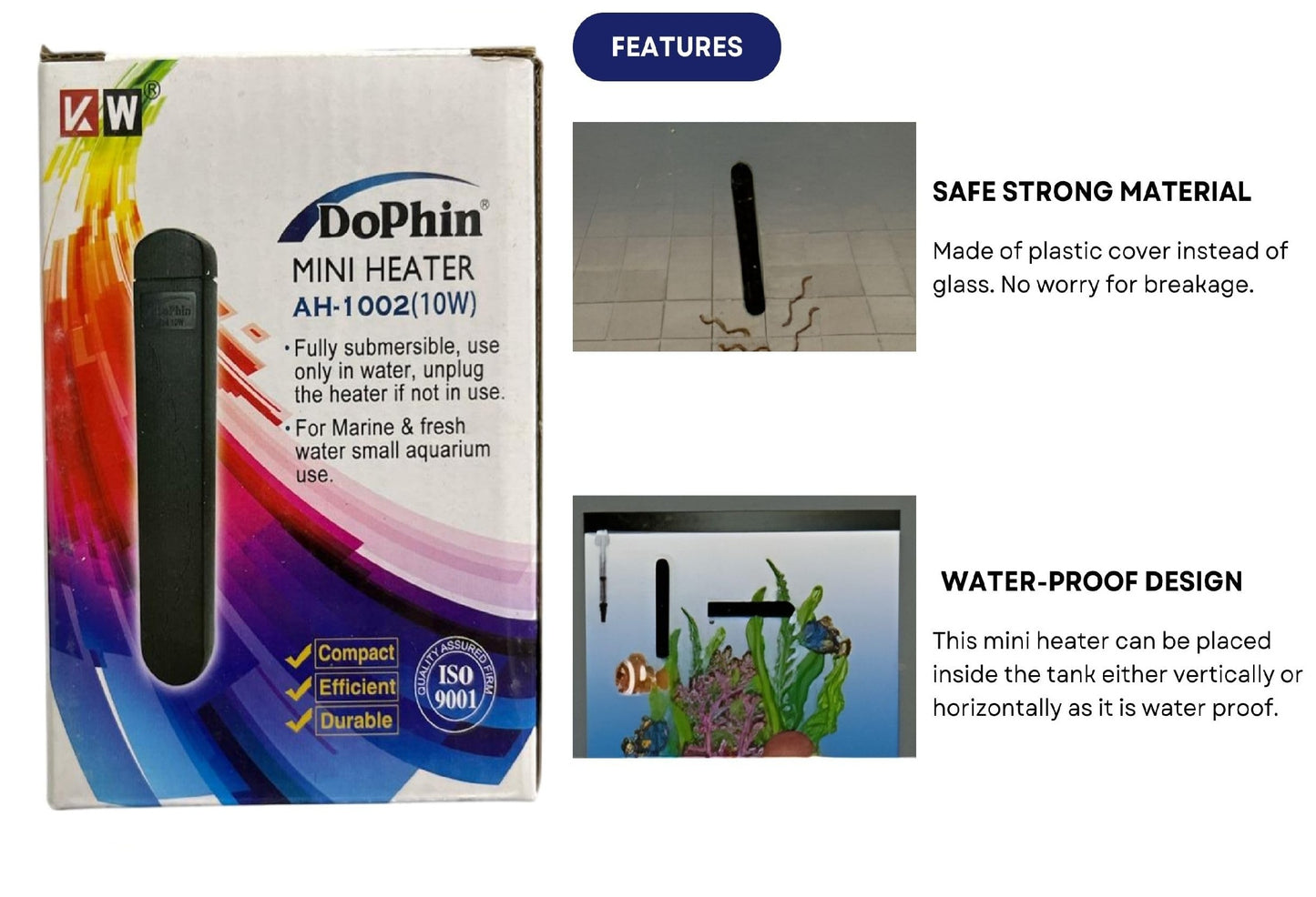 Dophin AH1002 10W Submersible Mini Heater | Fully Submersible | Suitable for Both Fresh and Marine Water | Suitable for Tank Size 20L