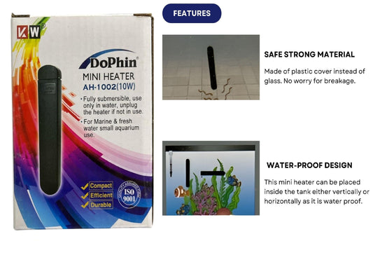 Dophin AH1002 10W Submersible Mini Heater | Fully Submersible | Suitable for Both Fresh and Marine Water | Suitable for Tank Size 20L